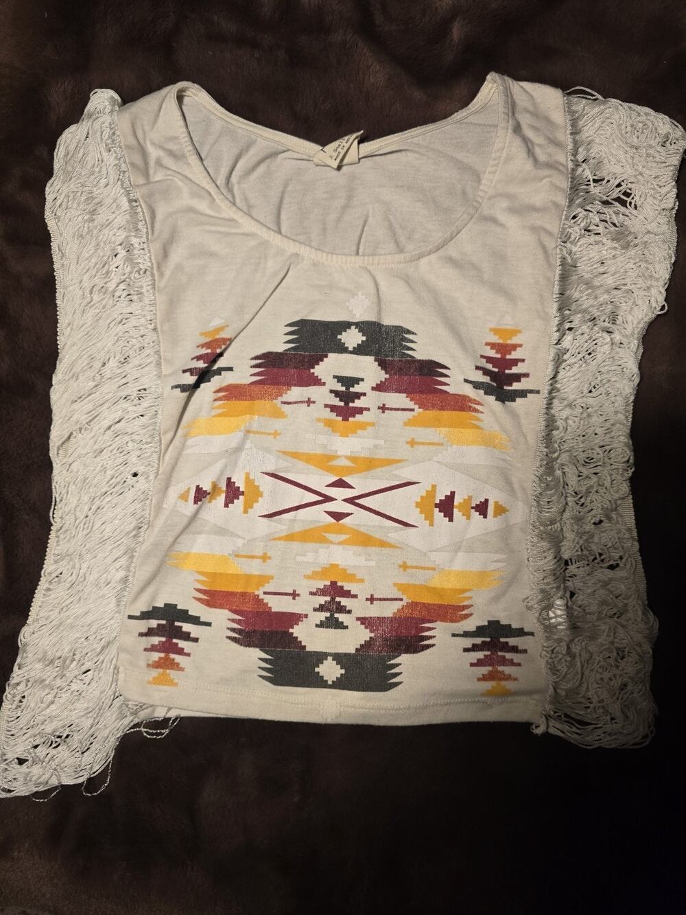 Black Poppy White Aztec Print Cropped Top Fringe Womens XS festival, concert geo